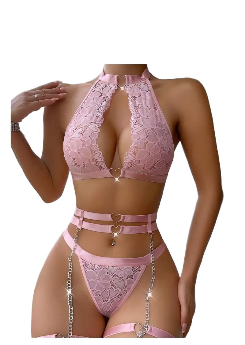 Underwire Bra Padded - セクシーなランジェリーセット、プッシュアップレースガーターランジェリーセット（チョーカー付き）、女性用インナーウェア、アンダーワイヤーブラとTバック、レディース下着セット