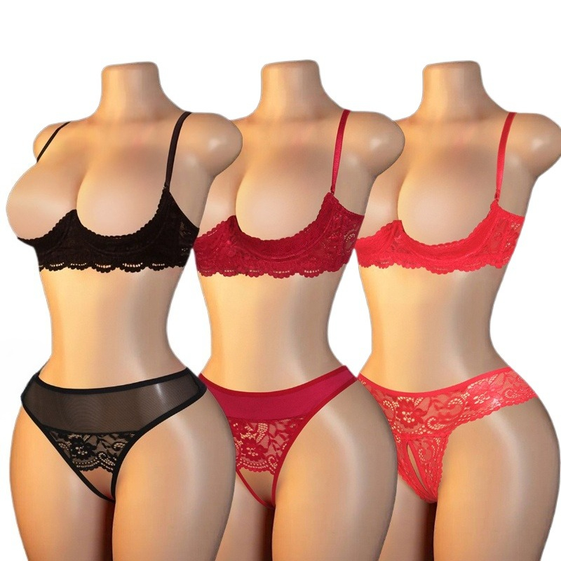 Lace Bralette Set - セクシーな女性用レースカットアウトランジェリーセット、いたずらな1/4カップレスワイヤー入りプッシュアップブラ、クロッチレスパンティー、2ピースランジェリーセット衣装