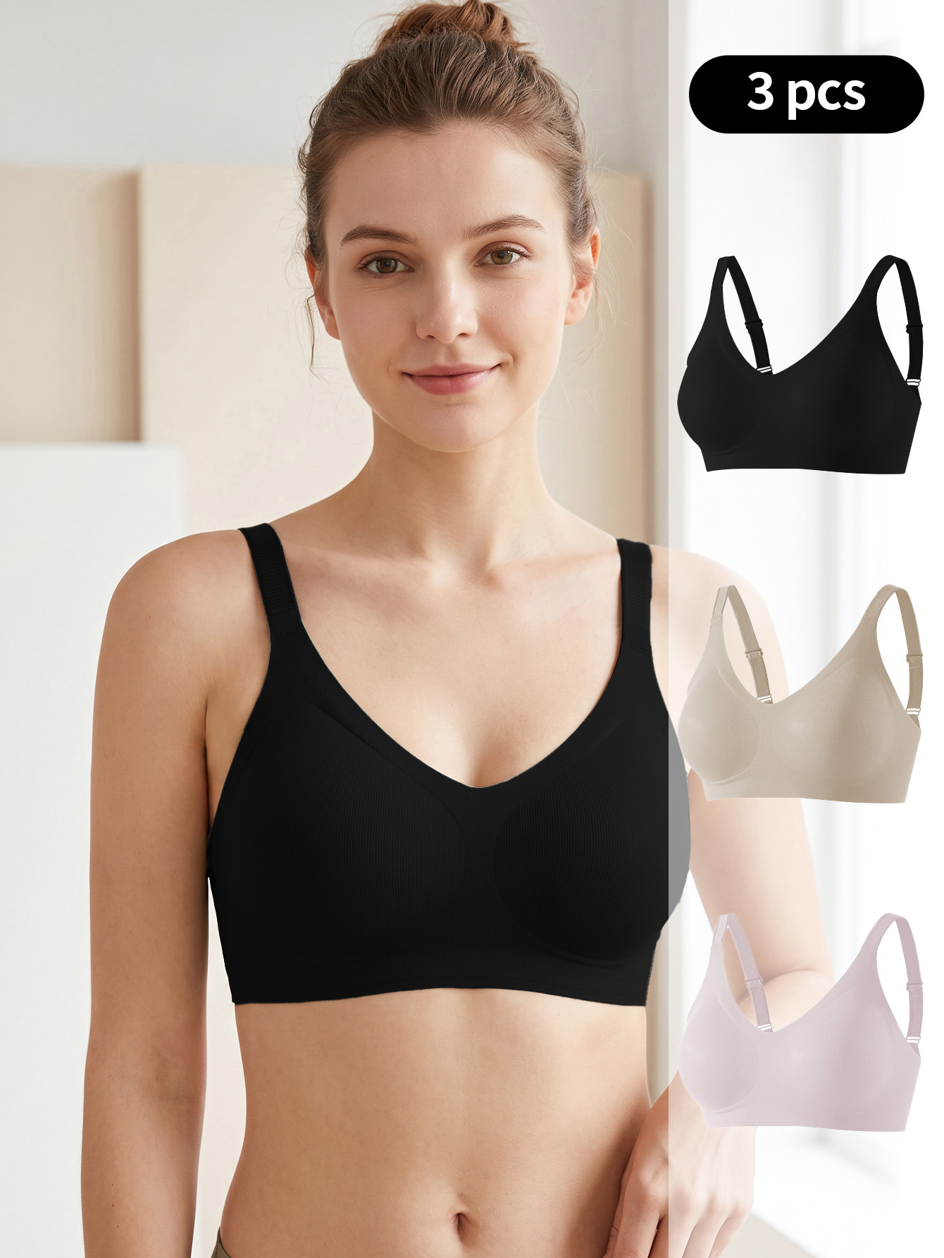 Wirefree Bra Comfort - 3 個セット女性シームレスニットワイヤレスブラジャー V ネック調節可能なショルダーストラップスチールリングなしソフト快適日常着スポーツブラ