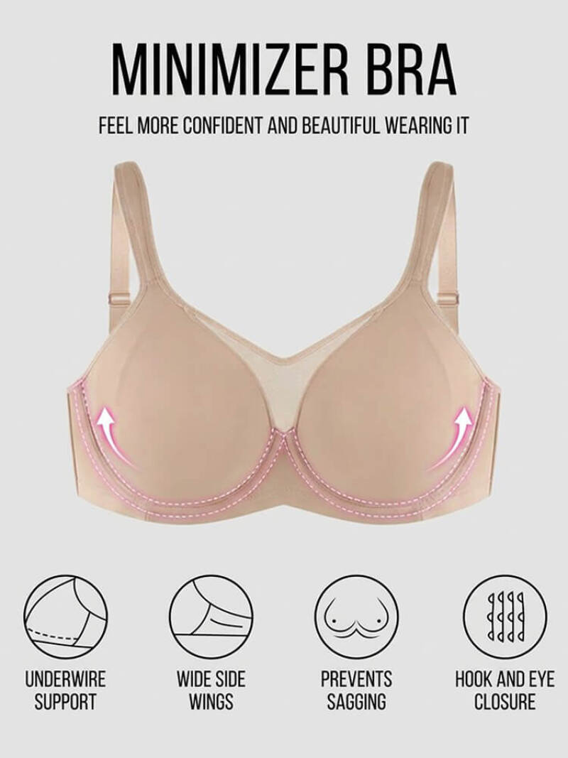 女性用ソフトアンダーワイヤーミニマイザーブラ超薄型メッシュV - Underwire Bra Padded のレビューと価格